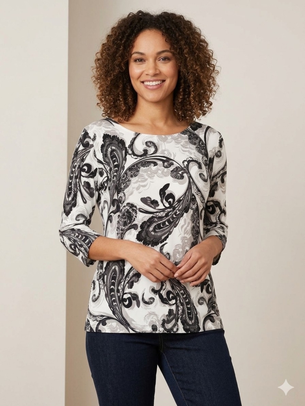 JM Collection Black & White Paisley Scoop Neck Top